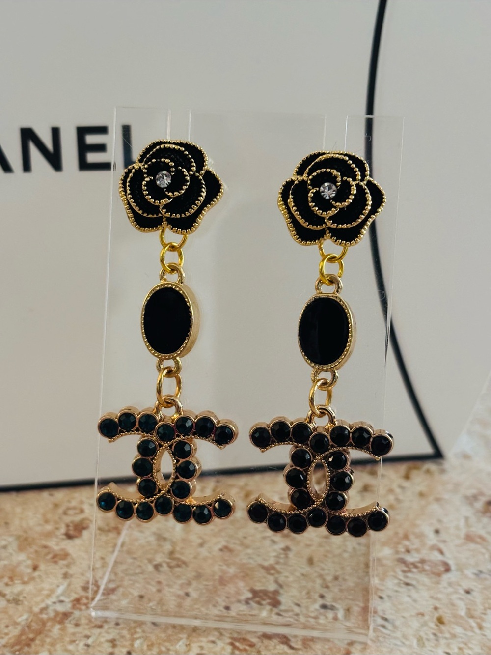 Black Crystal & Gold Tone Earrings with Authentic Hardware & Chanel Box